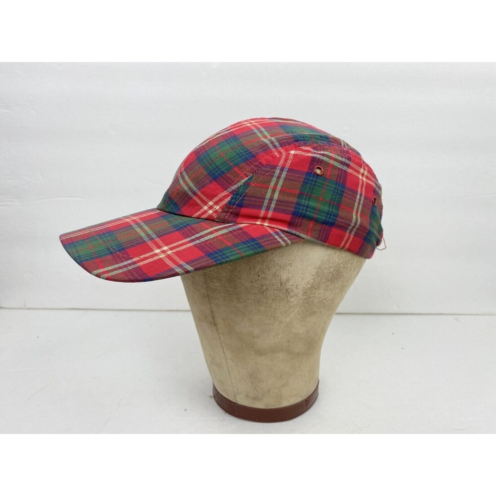 Vtg Women Red Plaid "Congo" Cap Small 21" USA Cotton Elastic Back Streetwear Hat